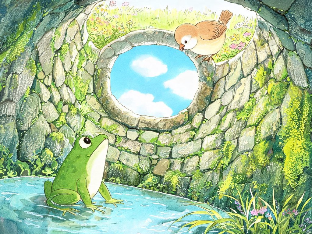 青蛙坐在井里看天、小鸟在井口的插画