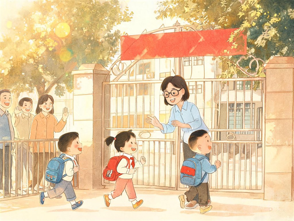 小朋友背着书包走进校门的插画