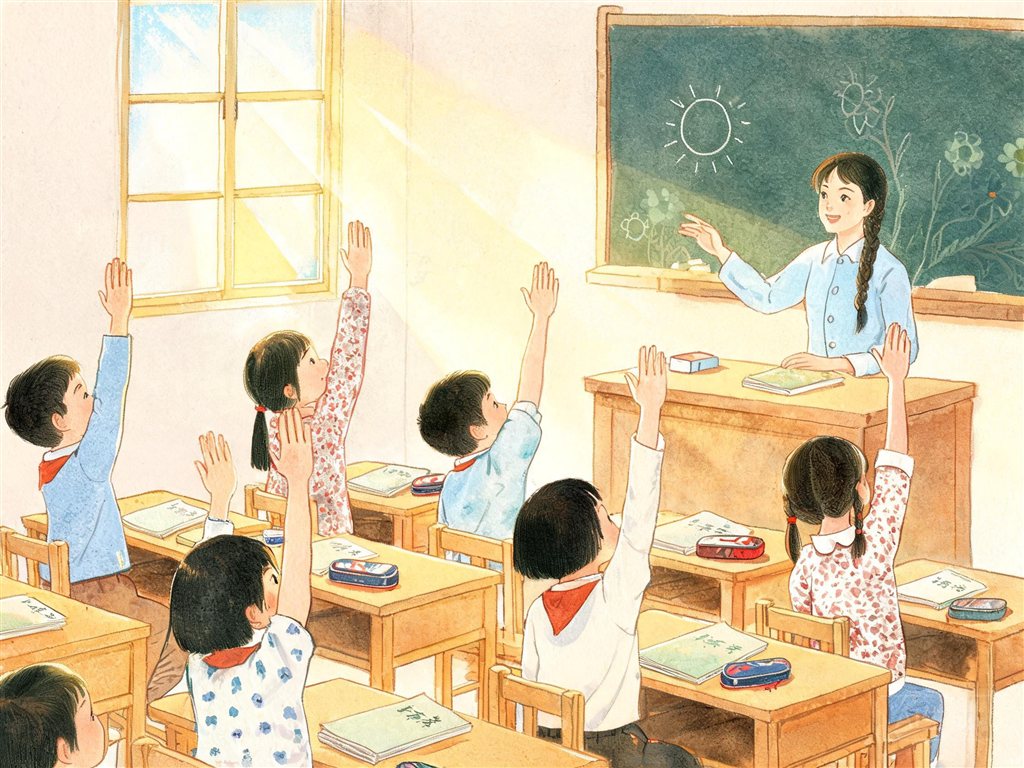 小学生在教室里举手发言的插画