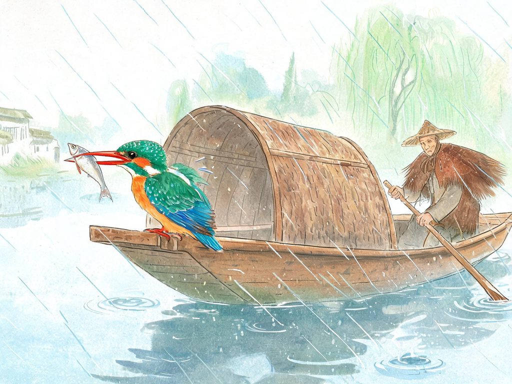 翠鸟停在船头插画