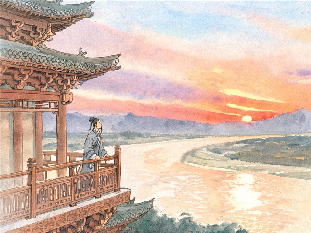 鹳雀楼望黄河与庐山瀑布的插画