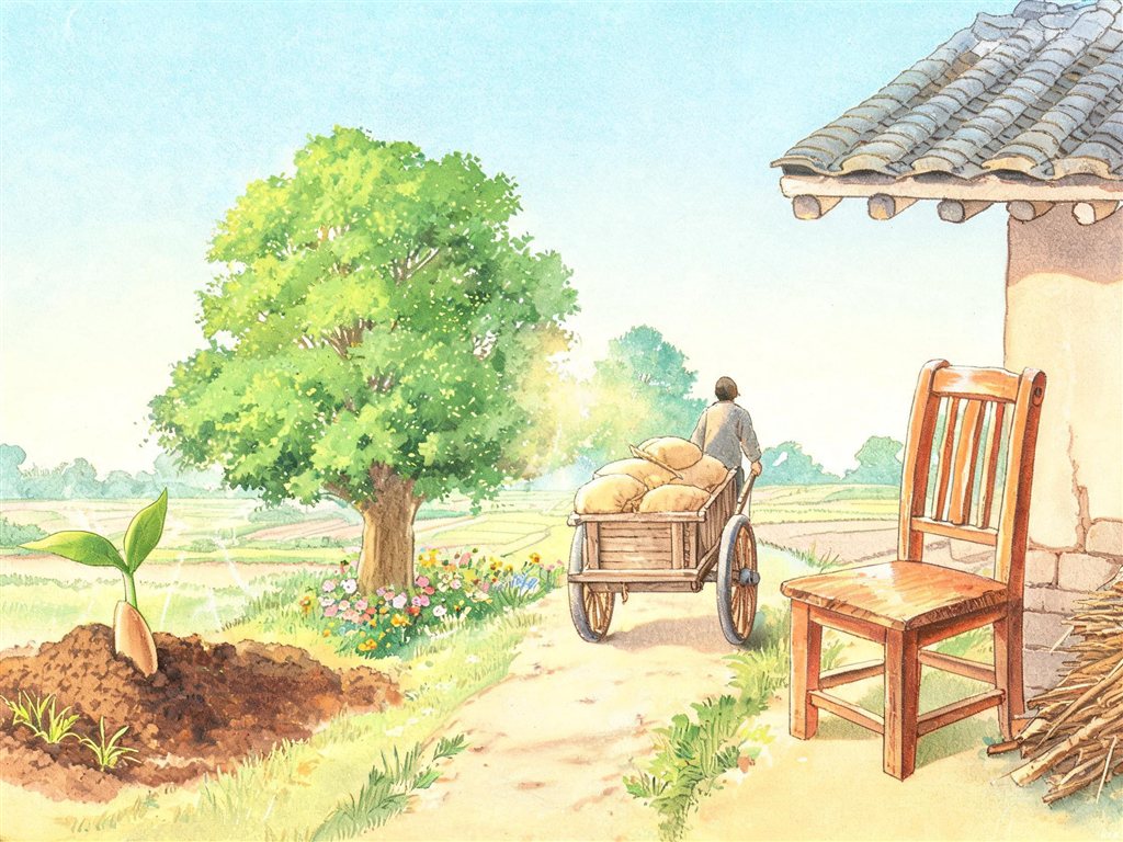 种子长成大树再变成手推车和椅子的插画