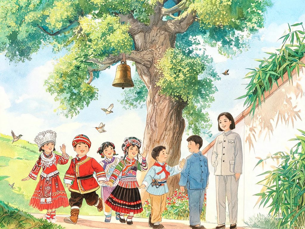 大青树下边疆民族小学插画