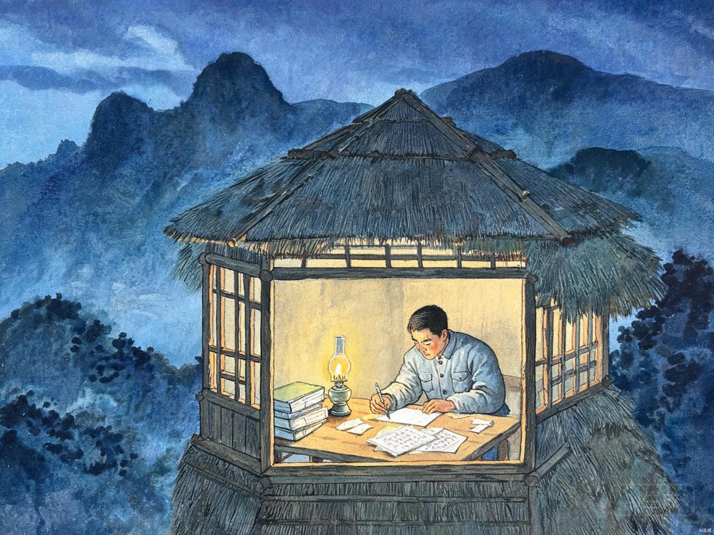 夜晚的八角楼里，一盏油灯亮着，一个人披着单衣在灯下写文章