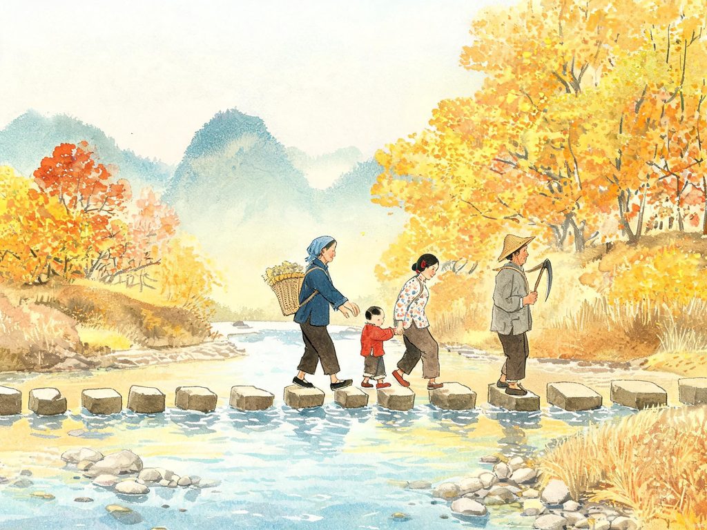 乡村小溪上搭石排列、人们走搭石的温馨场景插画