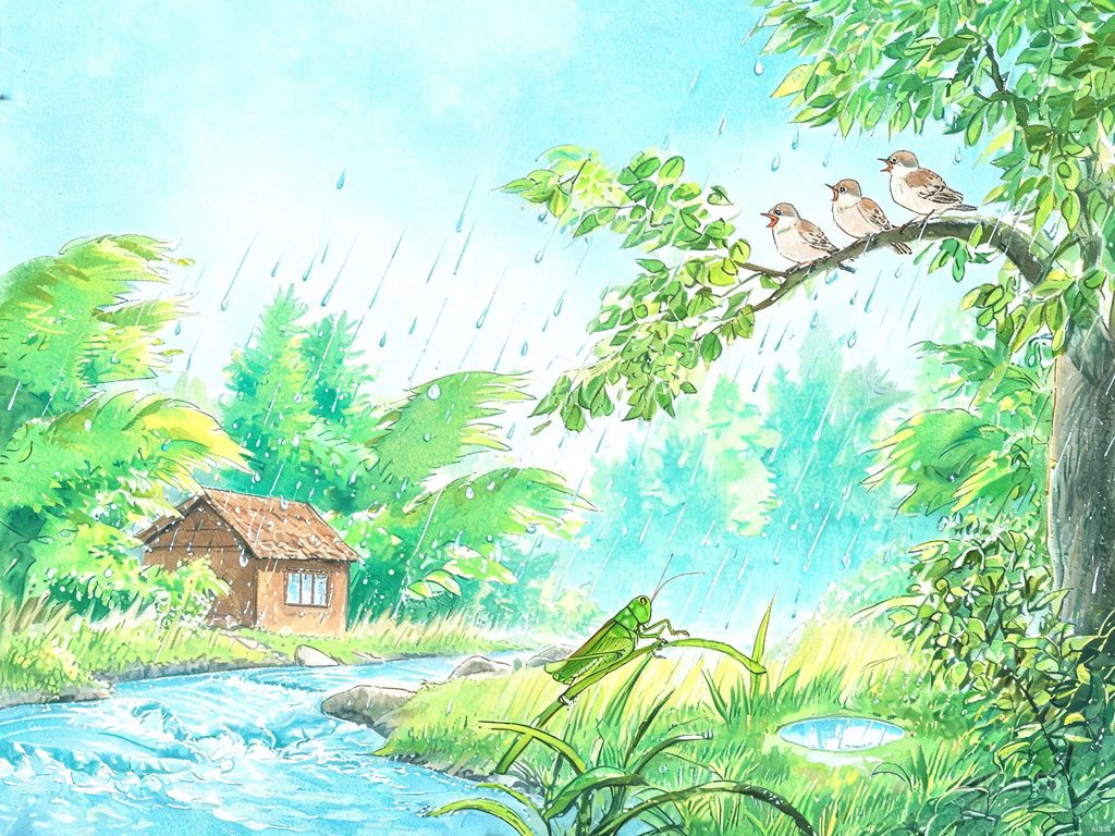 大自然中风声、水声和动物声交织的美妙场景插画