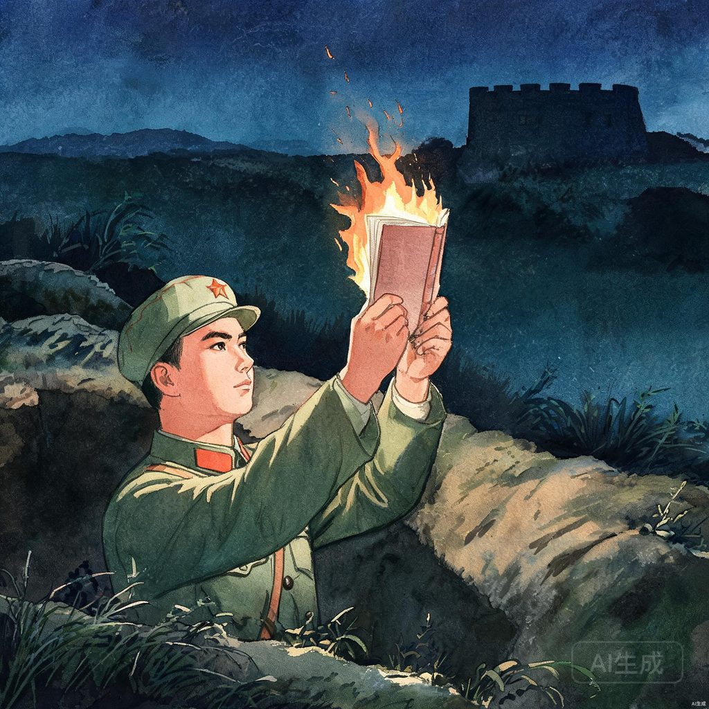 战场上的灯光与今天的华灯初上对比插画