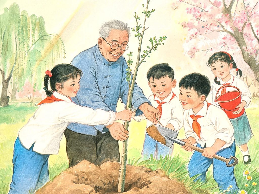 邓小平爷爷在天坛公园亲手植树的插画