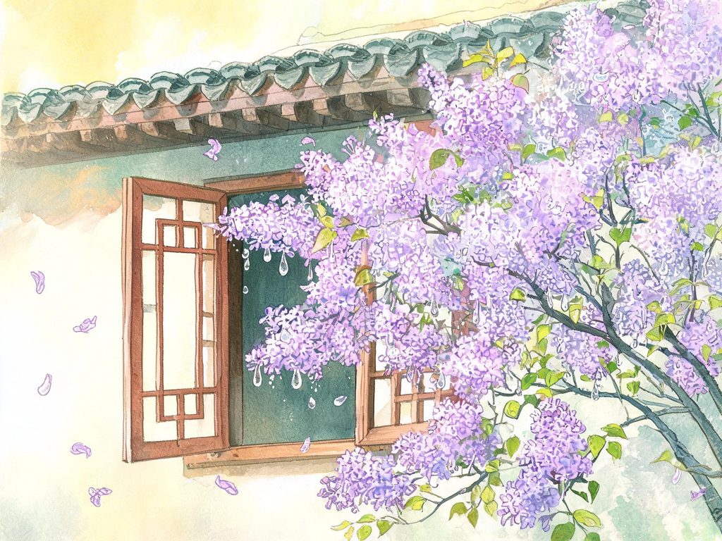 丁香花穗、花苞未开的丁香结、雨中丁香插画