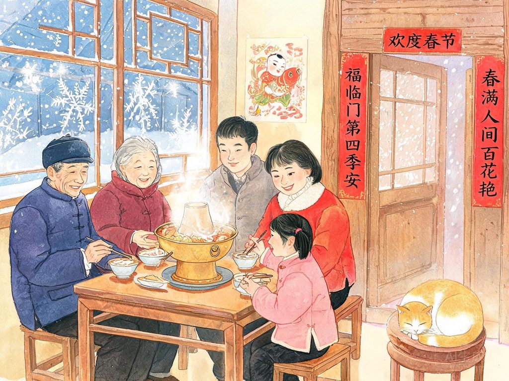 冬夜窗外飘雪屋内奶奶端着热汤的温馨插画