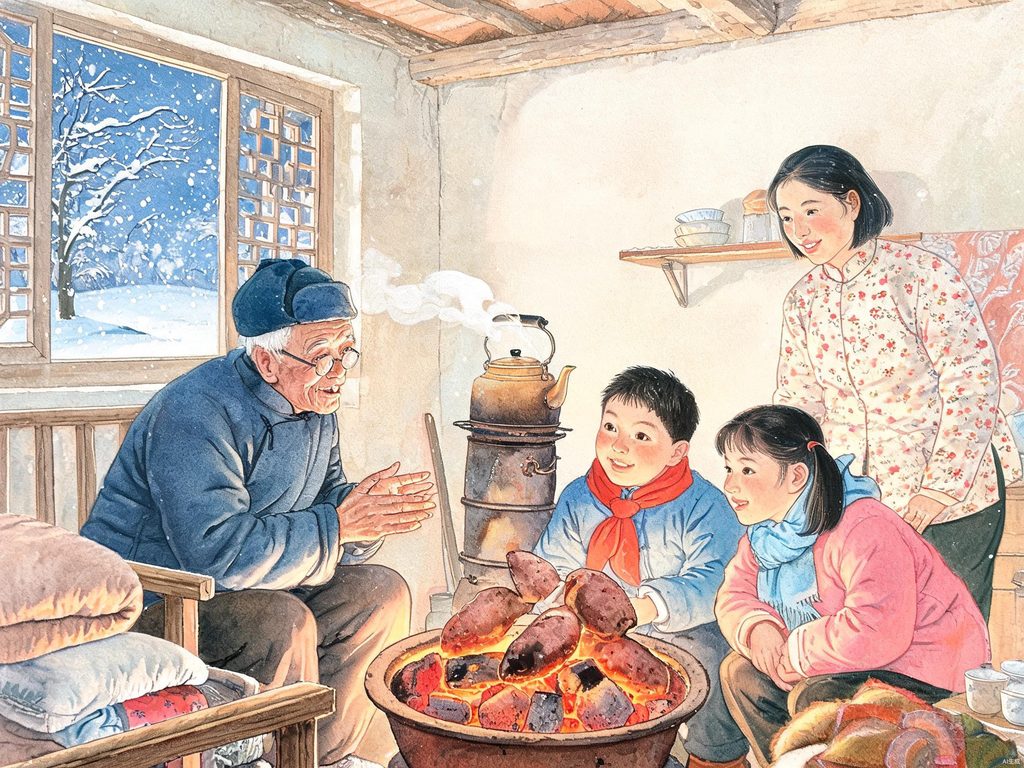 奶奶在炉边给孩子焐手的亲情插画