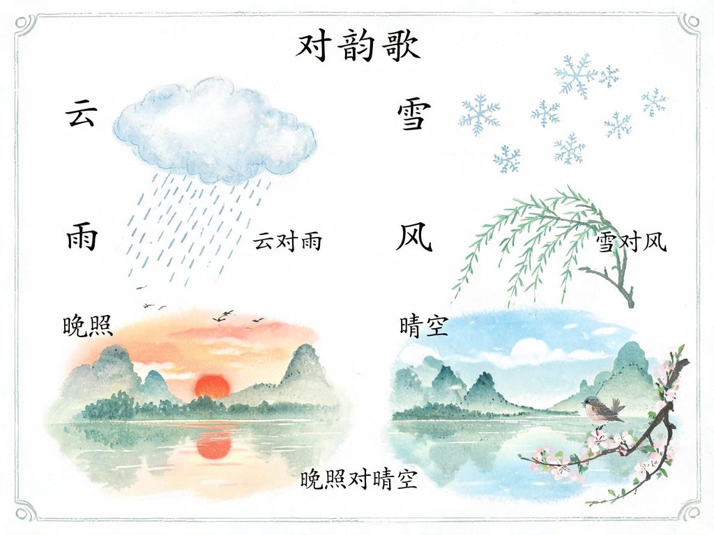 云雨雪风花鸟虫树自然景物配对的插画
