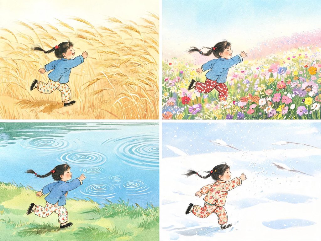 无形的风吹动彩色花田与落叶柳枝的插画