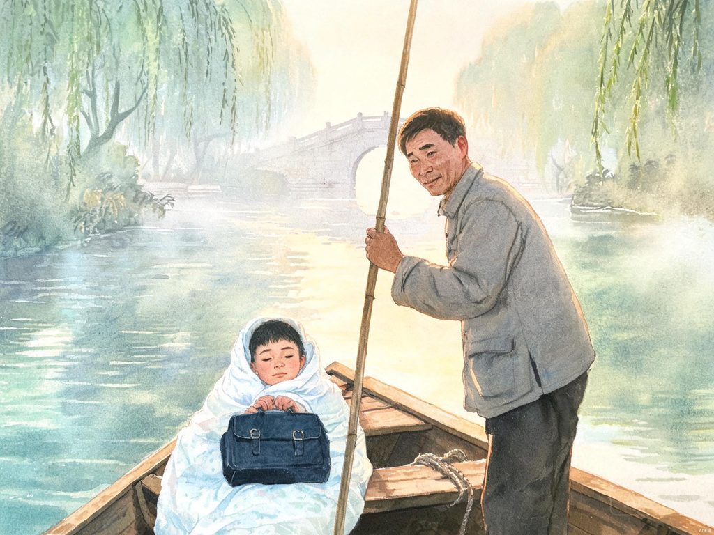 父亲摇着小船送儿子上学的插画