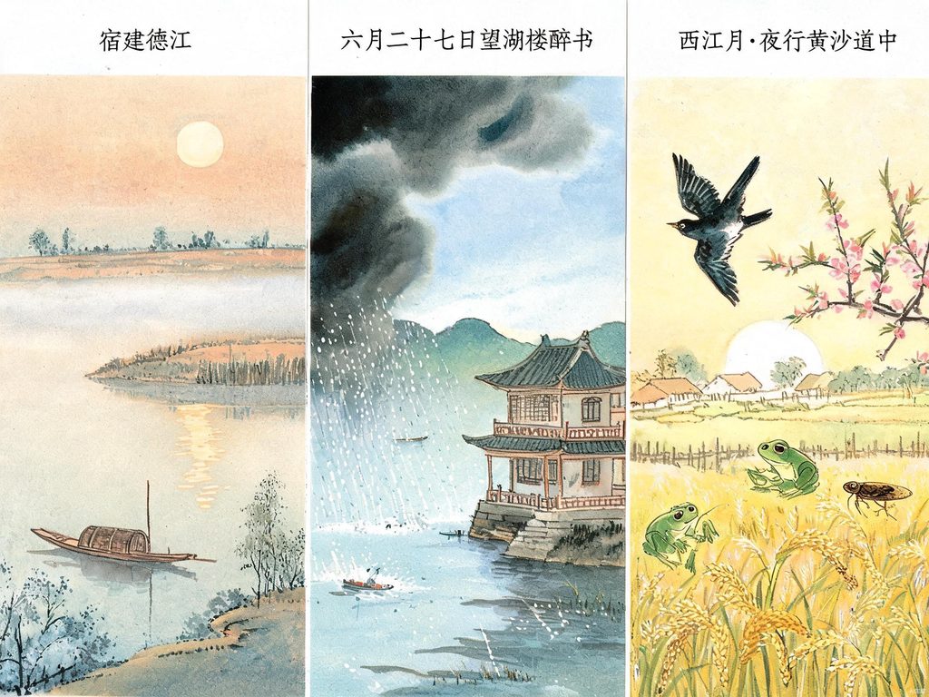 江月骤雨与稻香的水墨意境插画