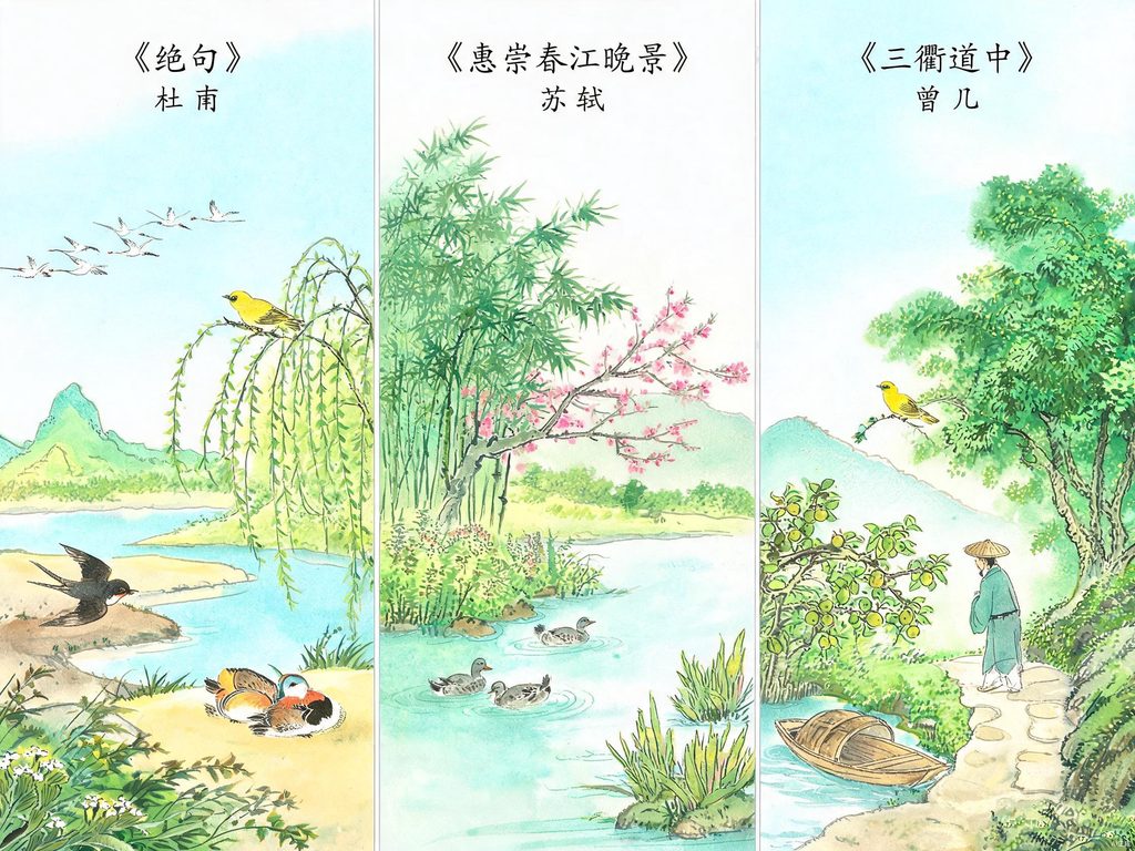 黄鹂翠柳、春江水鸭与山道绿阴三幅春景