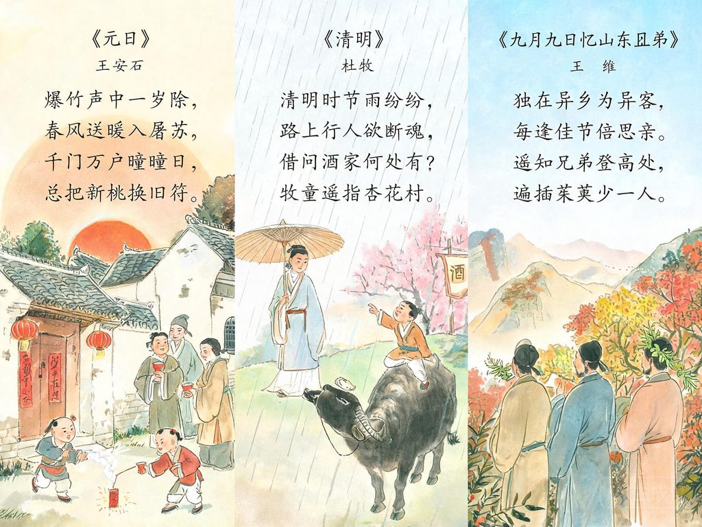 春节爆竹、清明雨中杏花村与重阳登高三幅画面