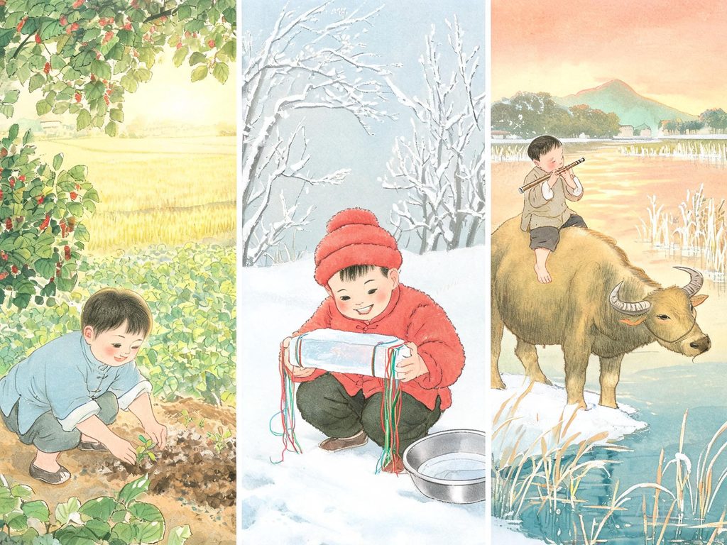 孩童弄冰放牧的乡村童趣插画