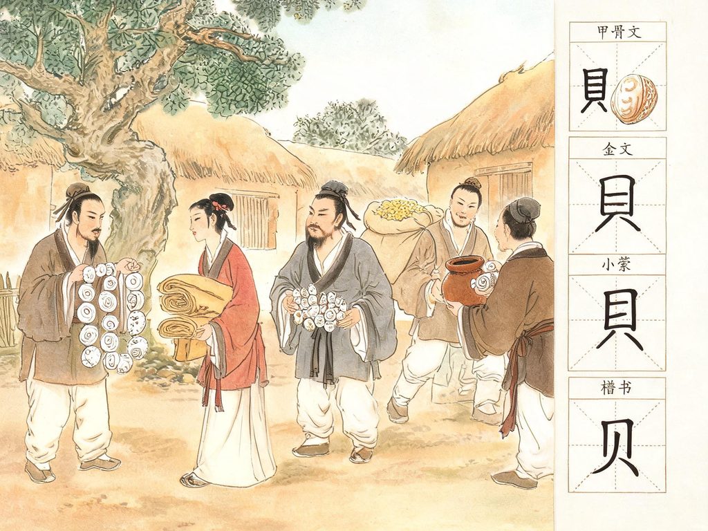 一枚贝壳与“贝”字的甲骨文演变图
