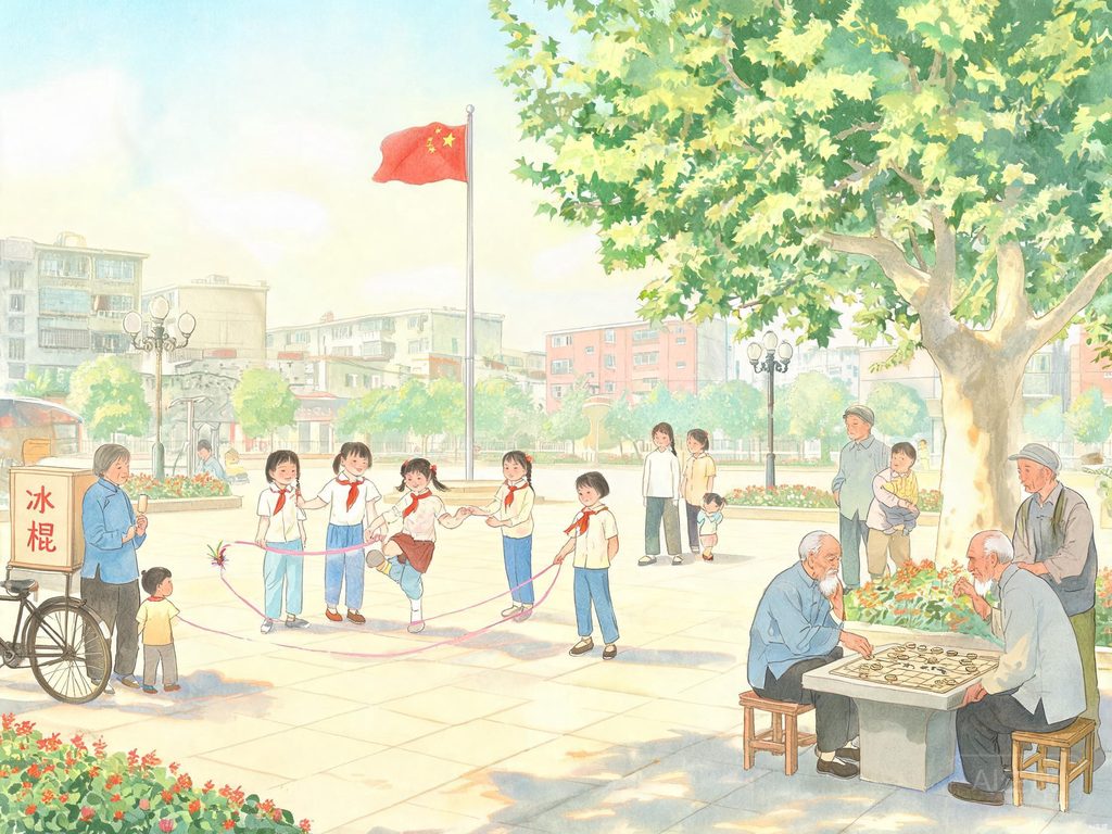 城市广场上人们散步放风筝跳广场舞的生活插画