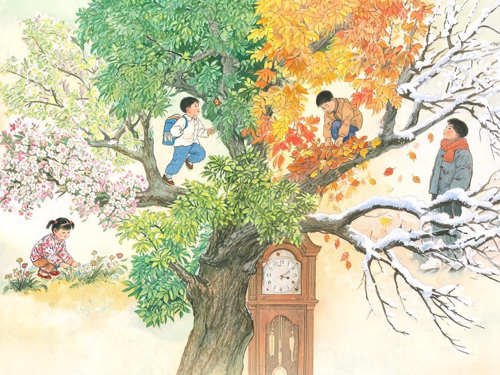 孩子在老树下数年轮的成长插画