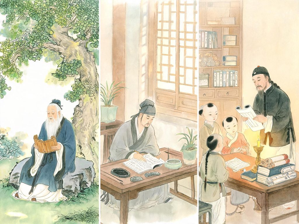 古人读书场景和竹简插画
